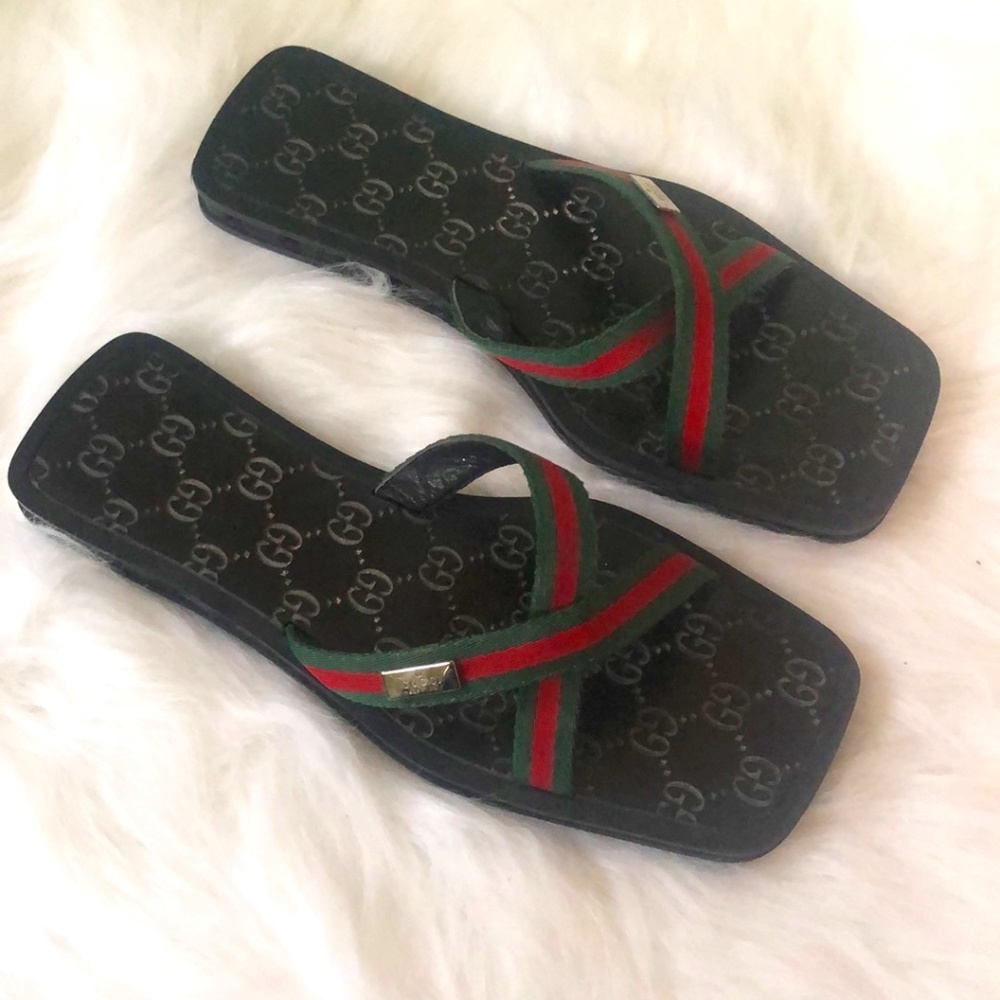 Gucci Black Sandals with Red and Green Accents